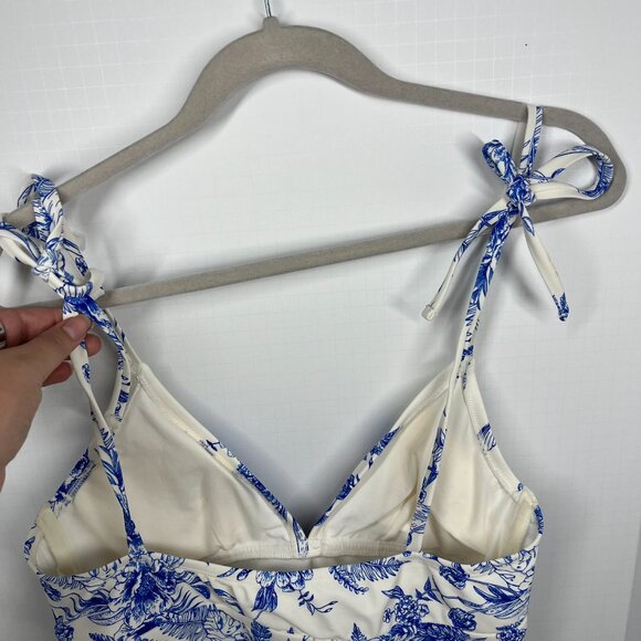 Kona Sol White with Blue Floral Toile Pattern Adjustable One Piece Swimsuit Sz L - Picture 8 of 9